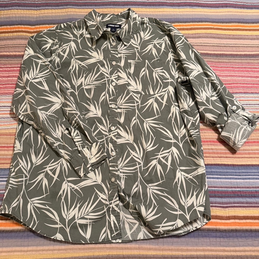 Lands End Women L Botanical Print‎ Button Down Shirt Green White Long Sleeve